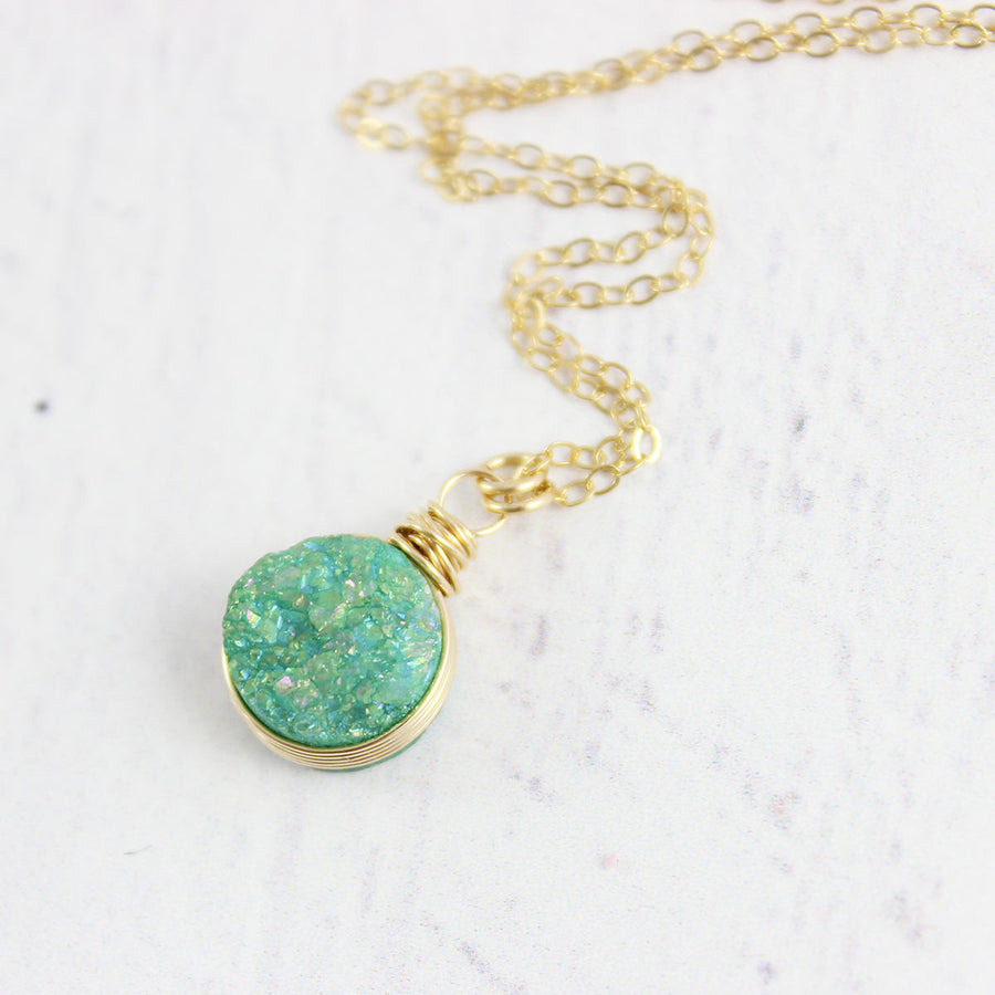 Turquoise Green Druzy Gold Circle Necklace