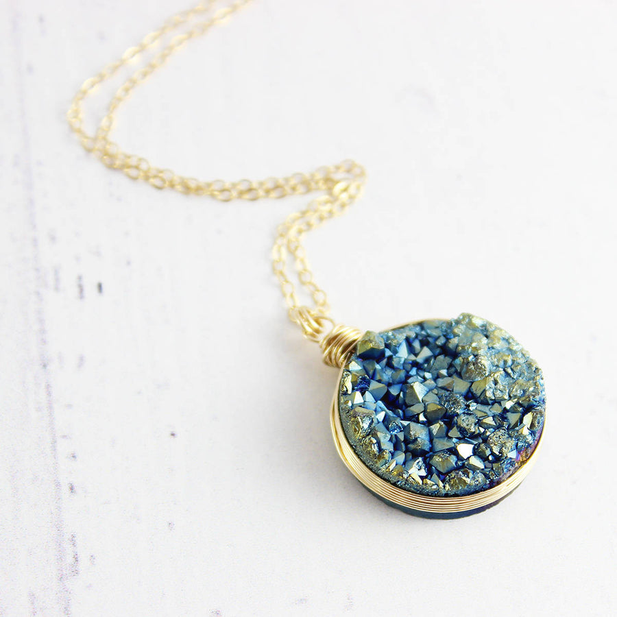 Blue Green Druzy Gold Pendant Necklace