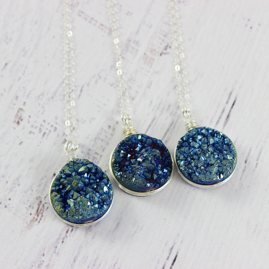 Blue Green Large Druzy Sterling Silver Necklace