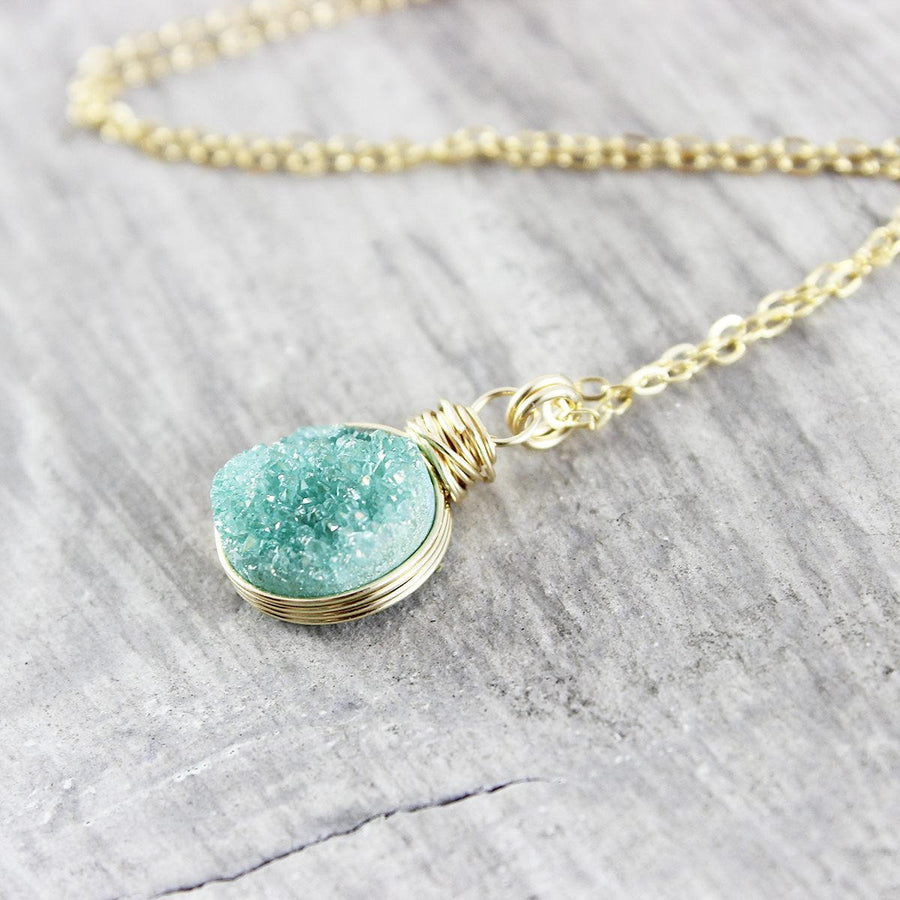 Turquoise Green Druzy Gold Circle Necklace