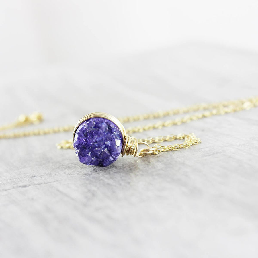 Purple Druzy Gold Circle Necklace