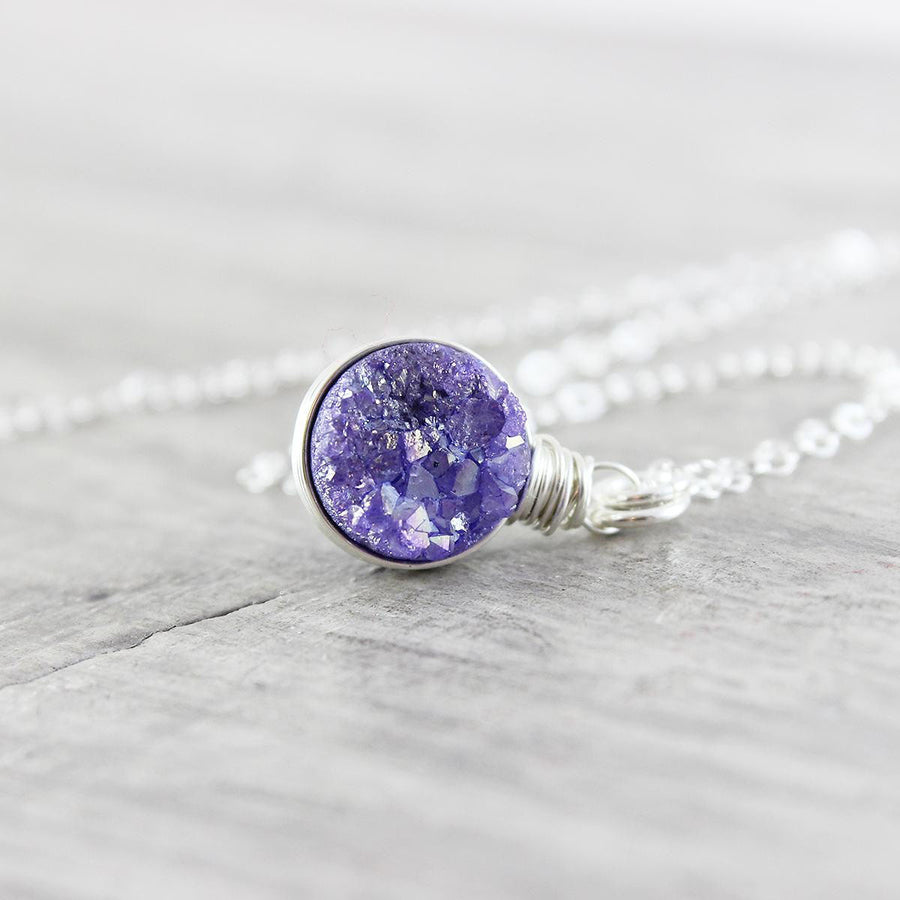 Purple Druzy Sterling Silver Circle Necklace