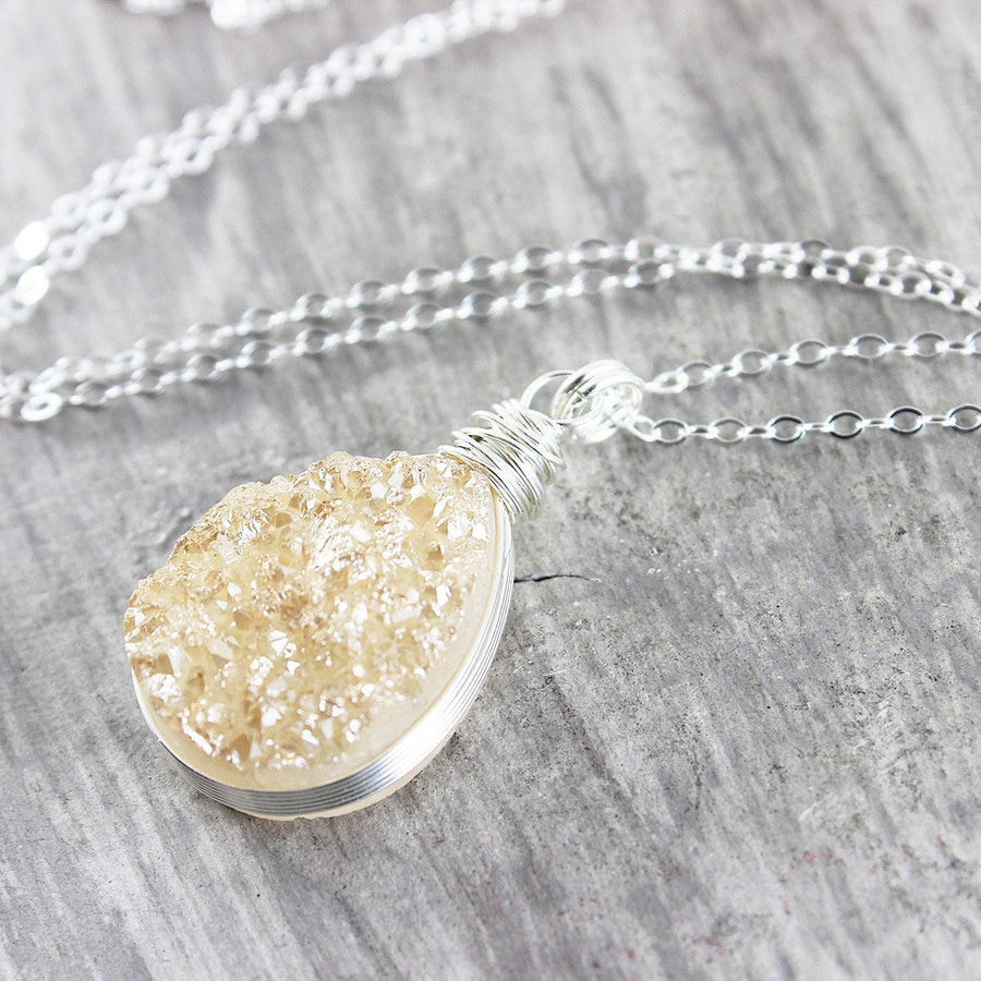 Peach Druzy Sterling Silver Teardrop Necklace