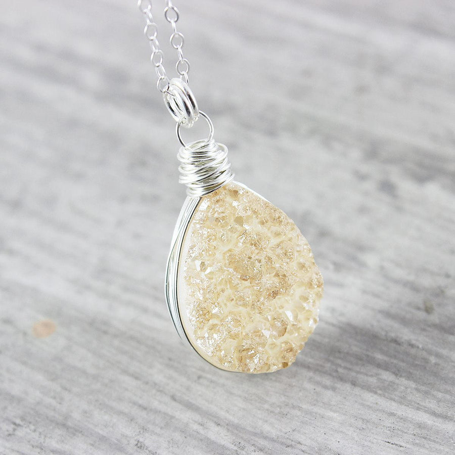 Peach Druzy Sterling Silver Teardrop Necklace