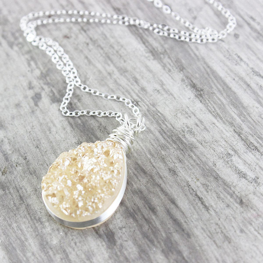 Peach Druzy Sterling Silver Teardrop Necklace