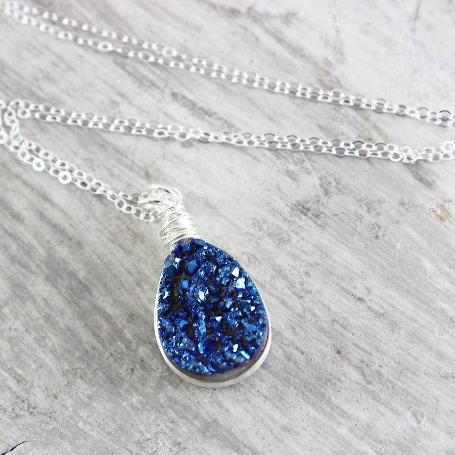 Dark Blue Druzy Teardrop Silver Necklace