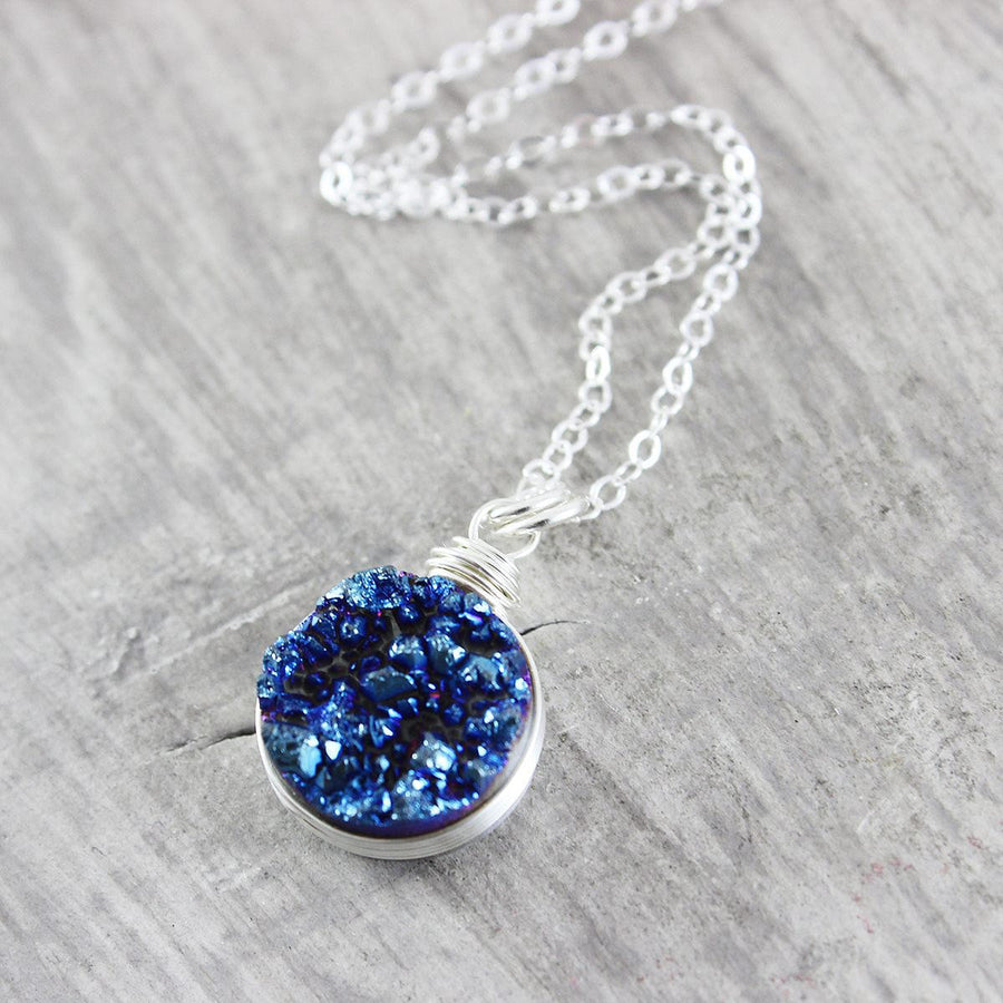 Dark Blue Druzy Silver Circle Necklace