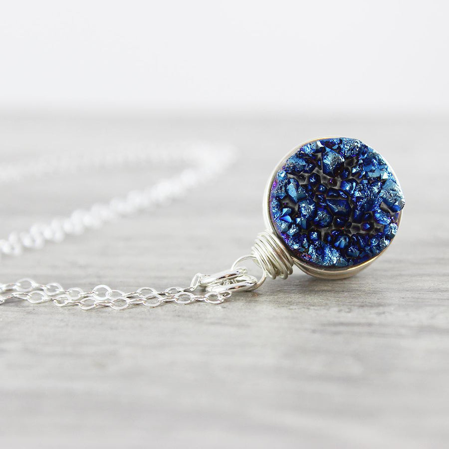 Dark Blue Druzy Silver Circle Necklace