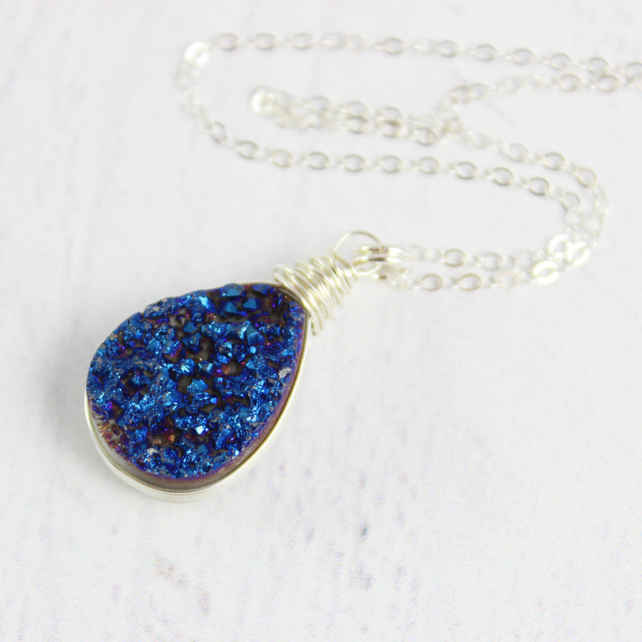 Dark Blue Druzy Teardrop Silver Necklace