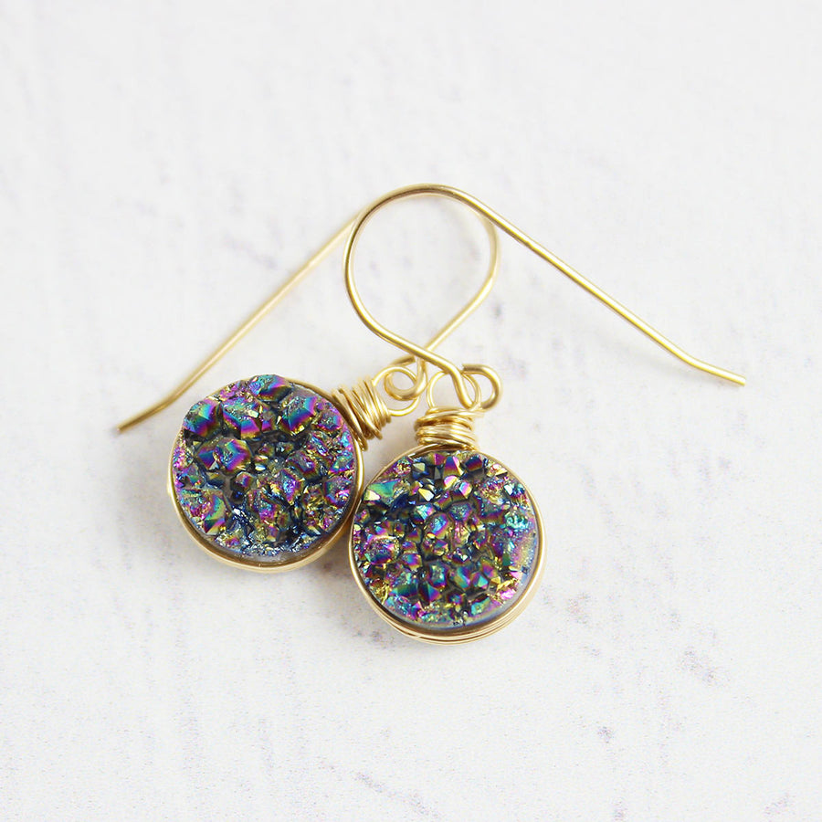 Rainbow Druzy Gold Circle Earrings