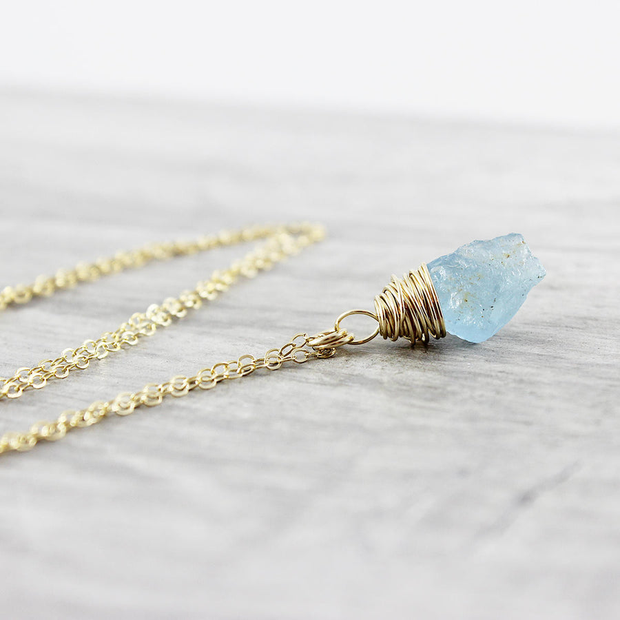 Blue Aquamarine Gemstone Gold Filled Raw Stone Necklace