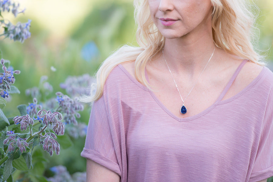 Dark Blue Druzy Teardrop Silver Necklace