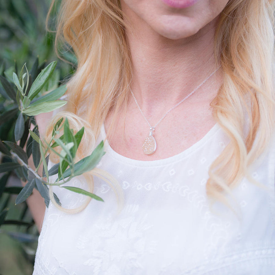 Peach Druzy Sterling Silver Teardrop Necklace