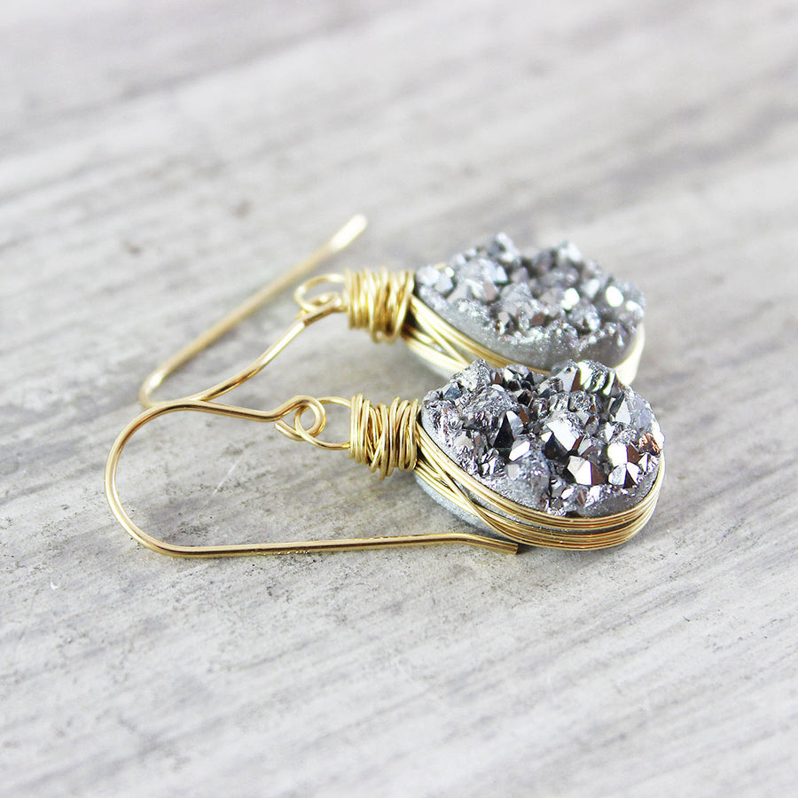 Silver and Gold Druzy Geode Teardrop Earrings