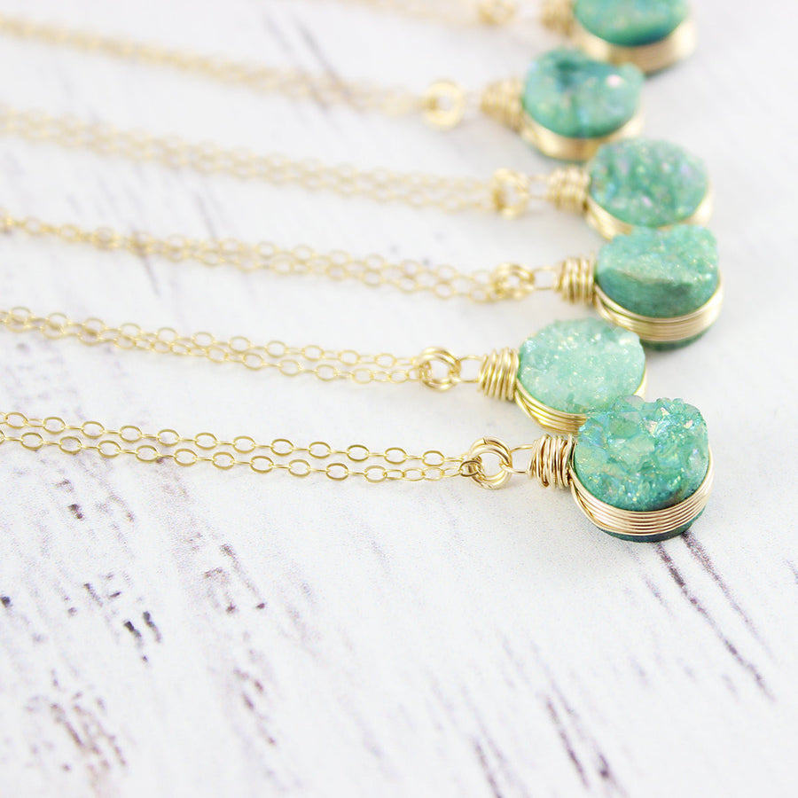 Turquoise Green Druzy Gold Circle Necklace