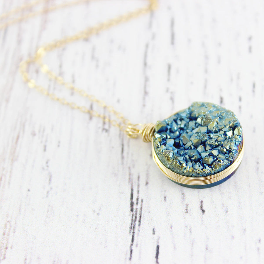 Blue Green Druzy Gold Pendant Necklace