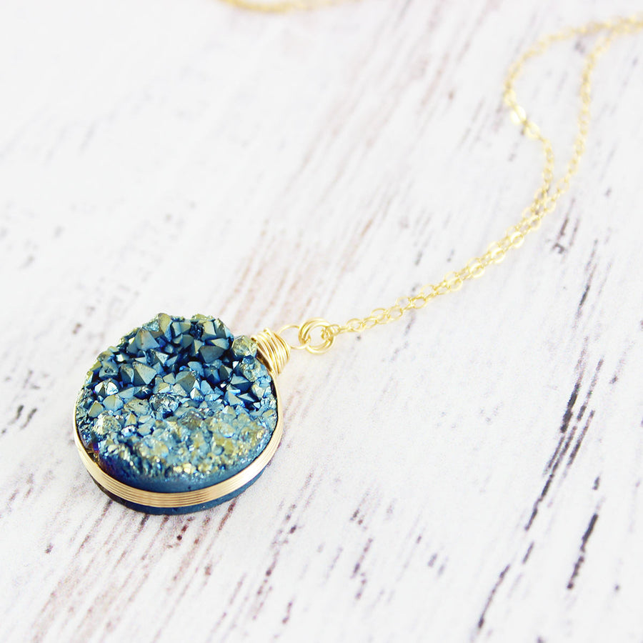 Blue Green Druzy Gold Pendant Necklace