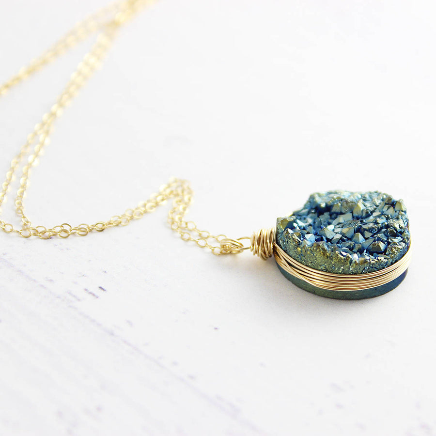 Blue Green Druzy Gold Pendant Necklace