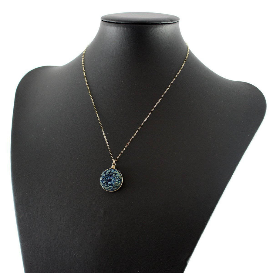 Blue Green Druzy Gold Pendant Necklace