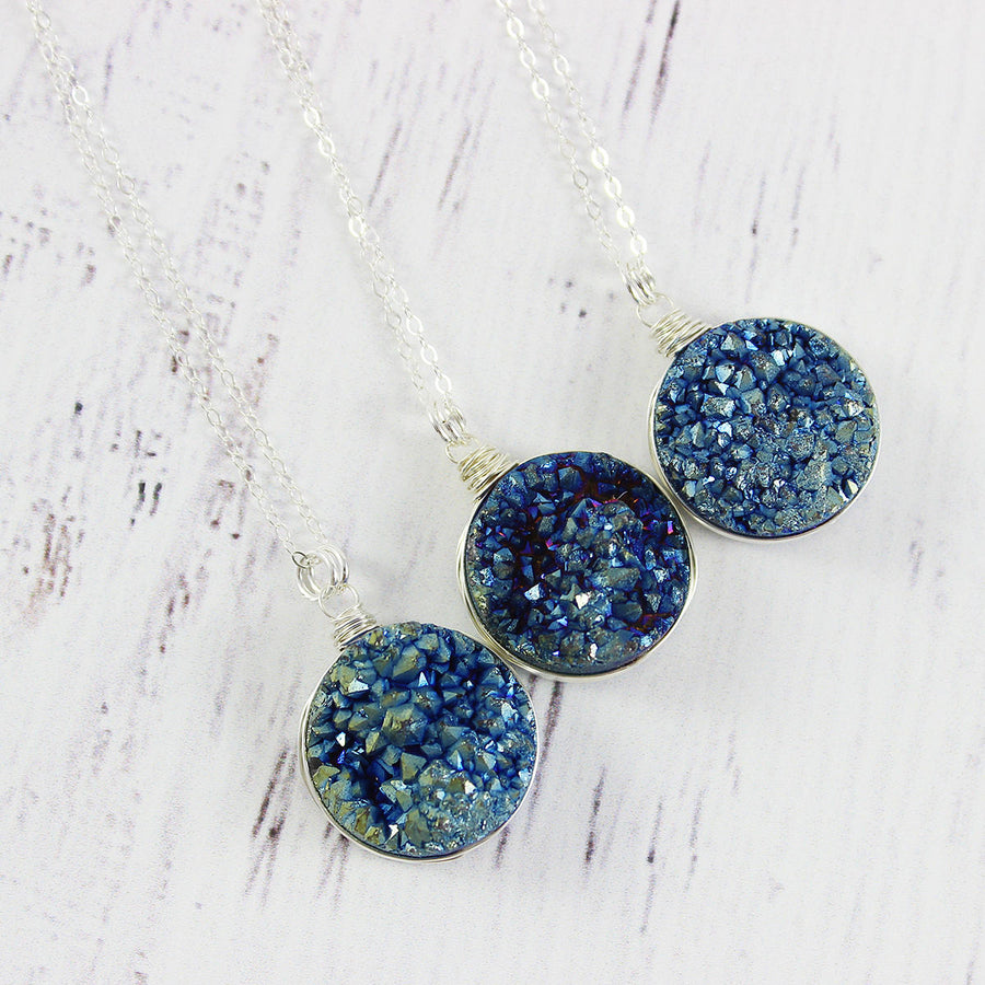 Blue Green Large Druzy Sterling Silver Necklace