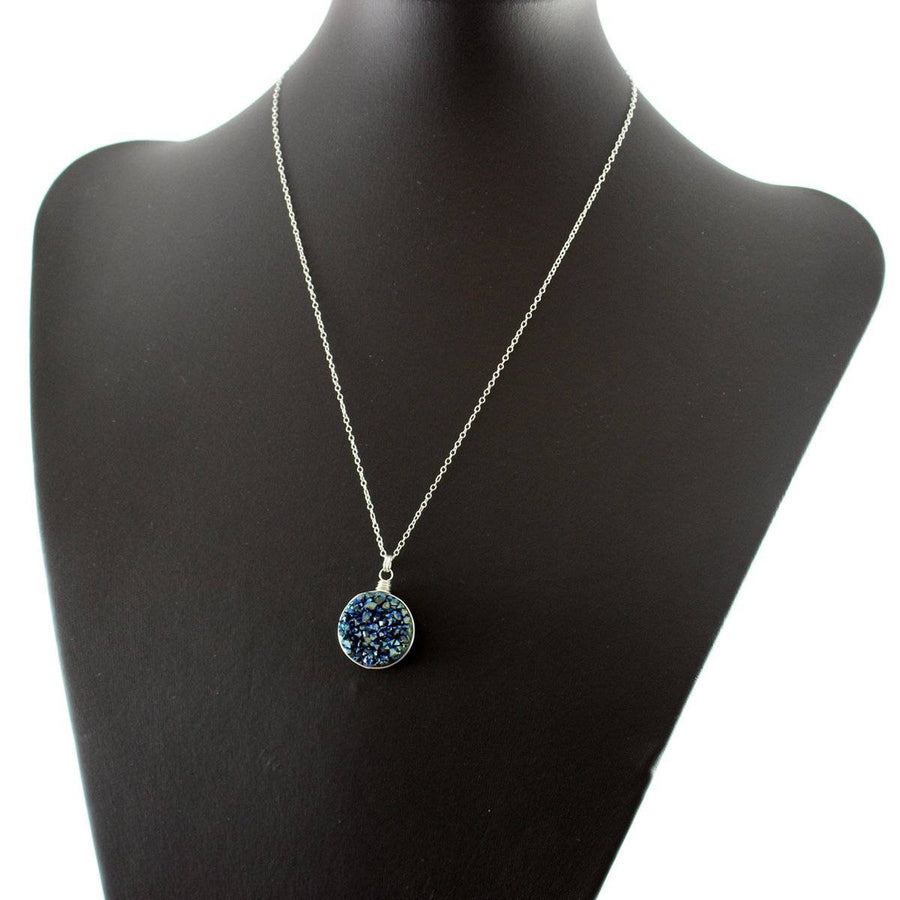 Blue Green Large Druzy Sterling Silver Necklace