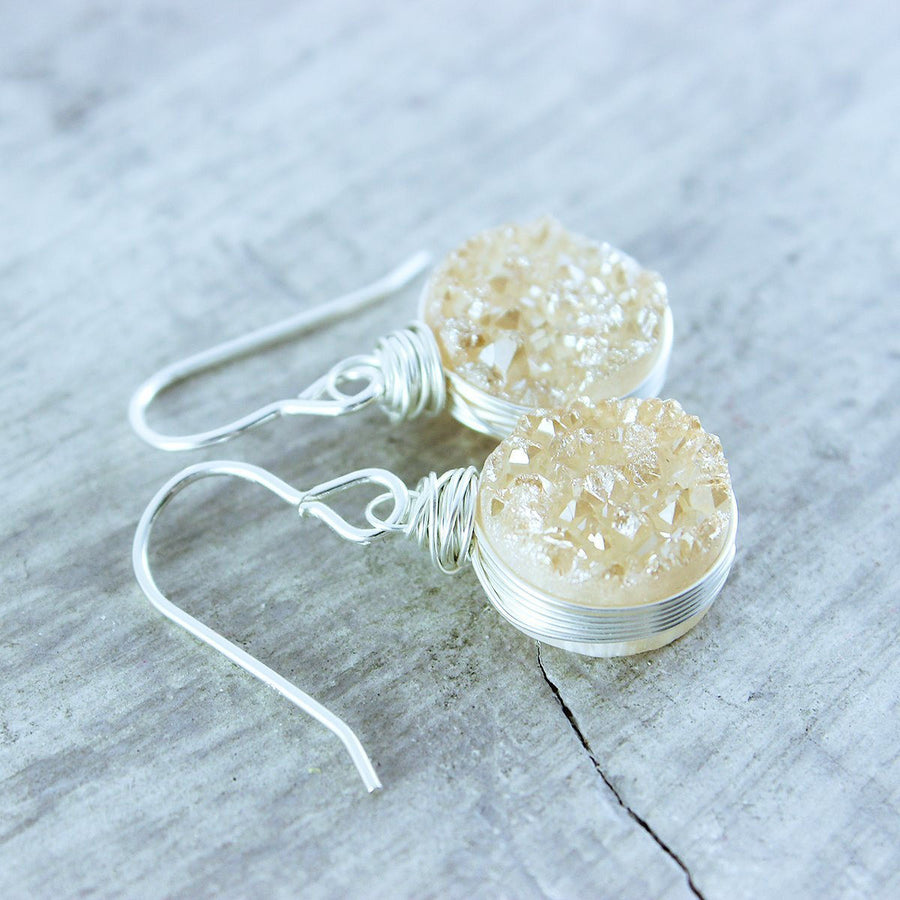 Peach Druzy Sterling Silver Circle Earrings