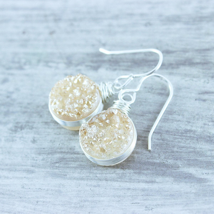 Peach Druzy Sterling Silver Circle Earrings