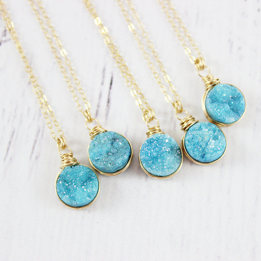 Sky Blue Druzy Gold Circle Necklace