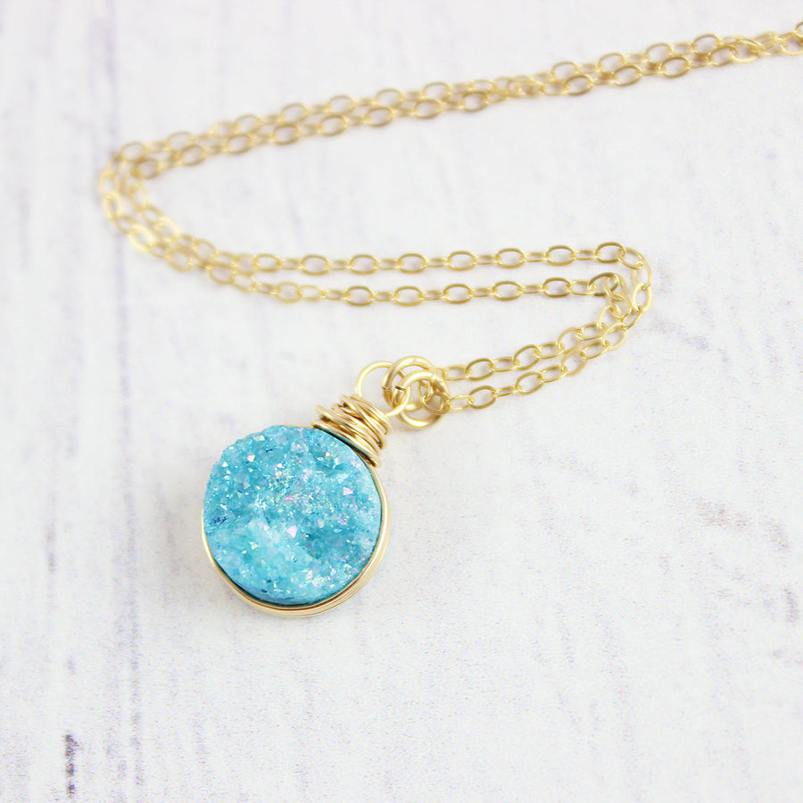 Sky Blue Druzy Gold Circle Necklace