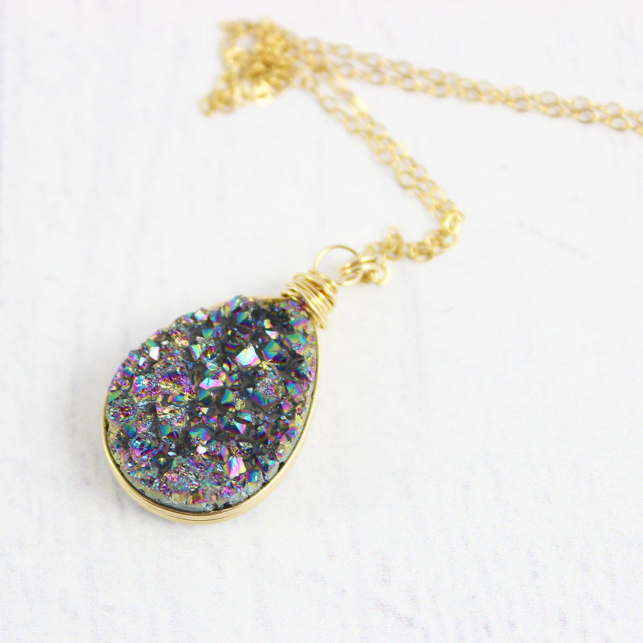 Rainbow Druzy Geode Gold Teardrop Necklace