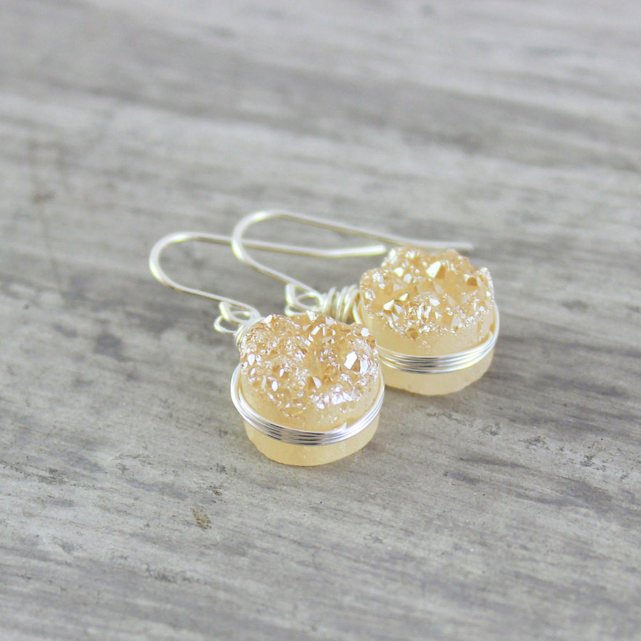 Peach Druzy Sterling Silver Circle Earrings