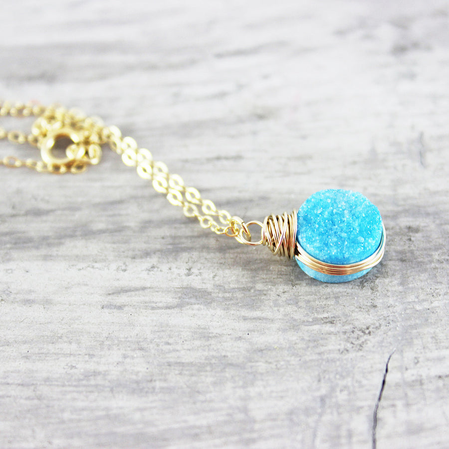 Sky Blue Druzy Gold Circle Necklace