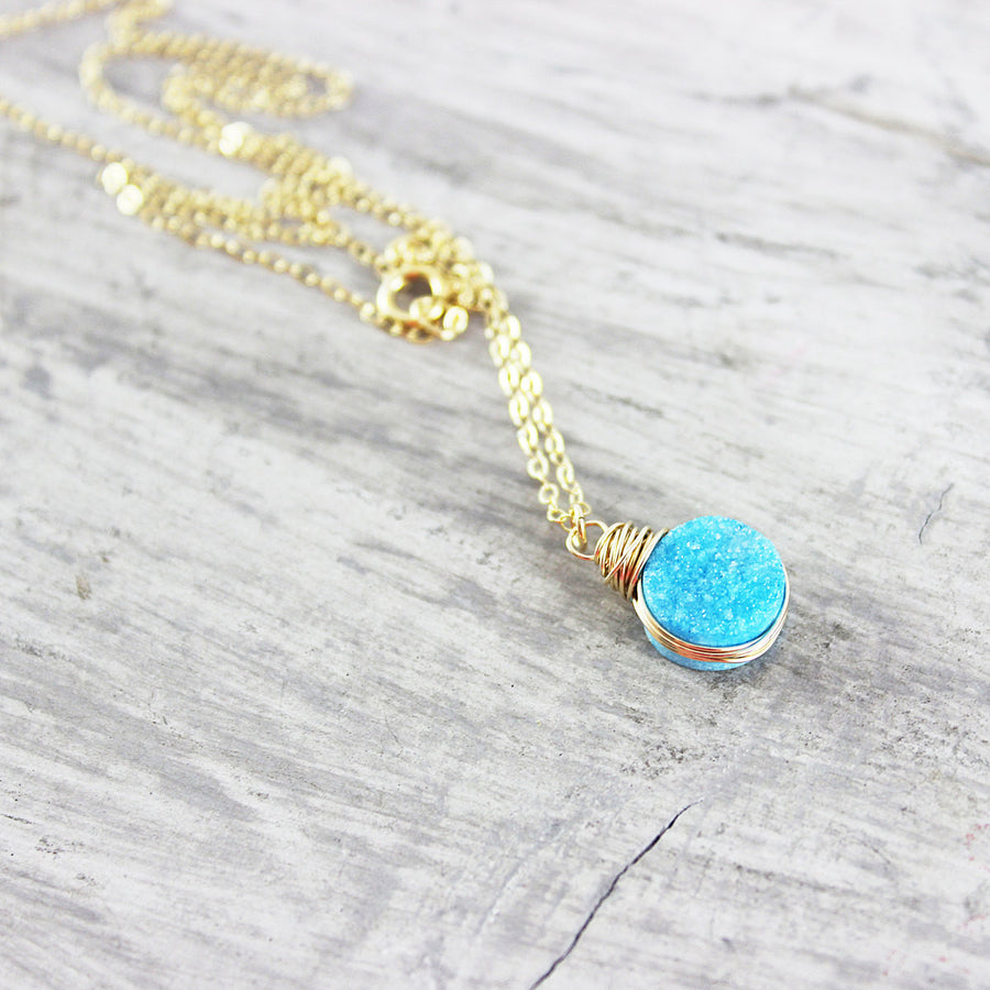 Sky Blue Druzy Gold Circle Necklace