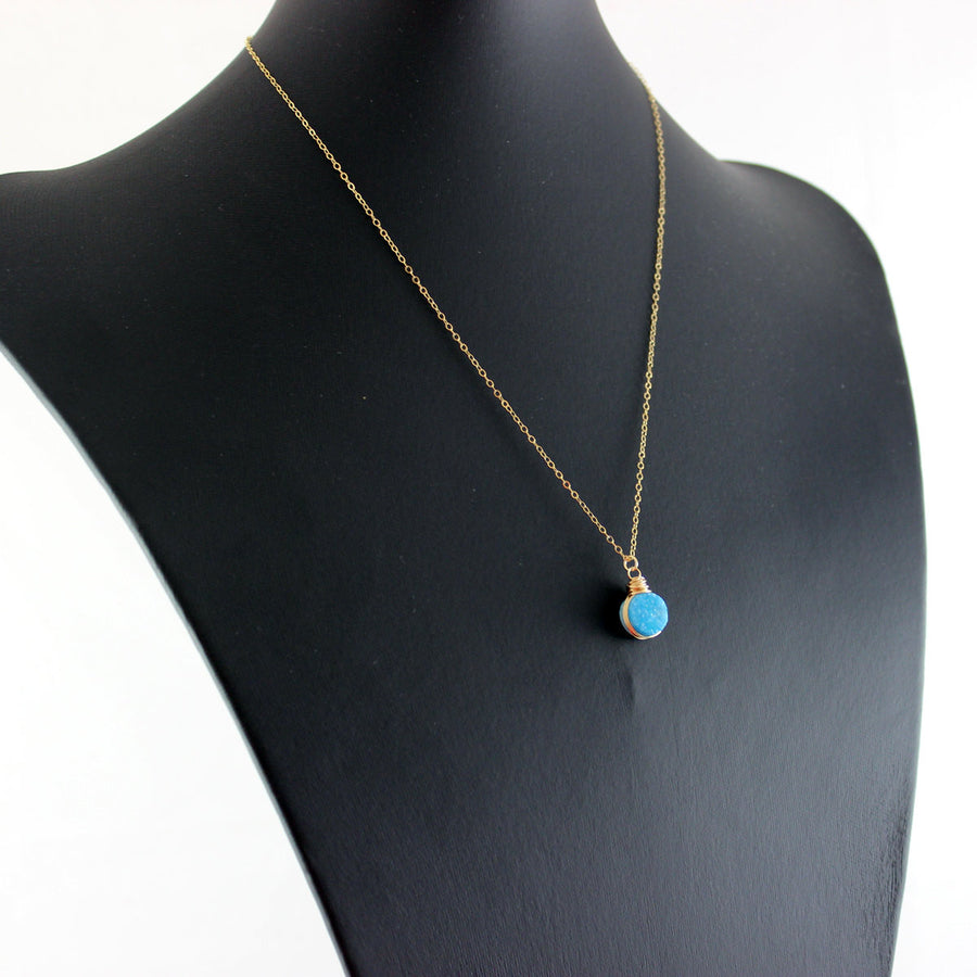 Sky Blue Druzy Gold Circle Necklace