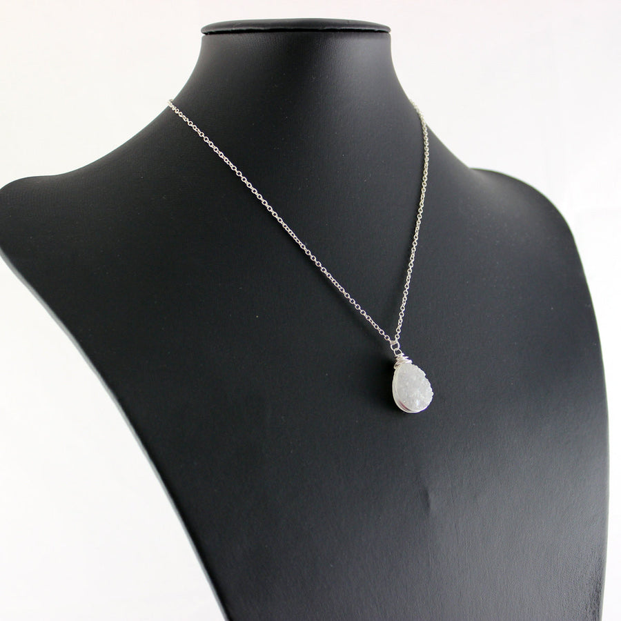 White Druzy Silver Teardrop Necklace