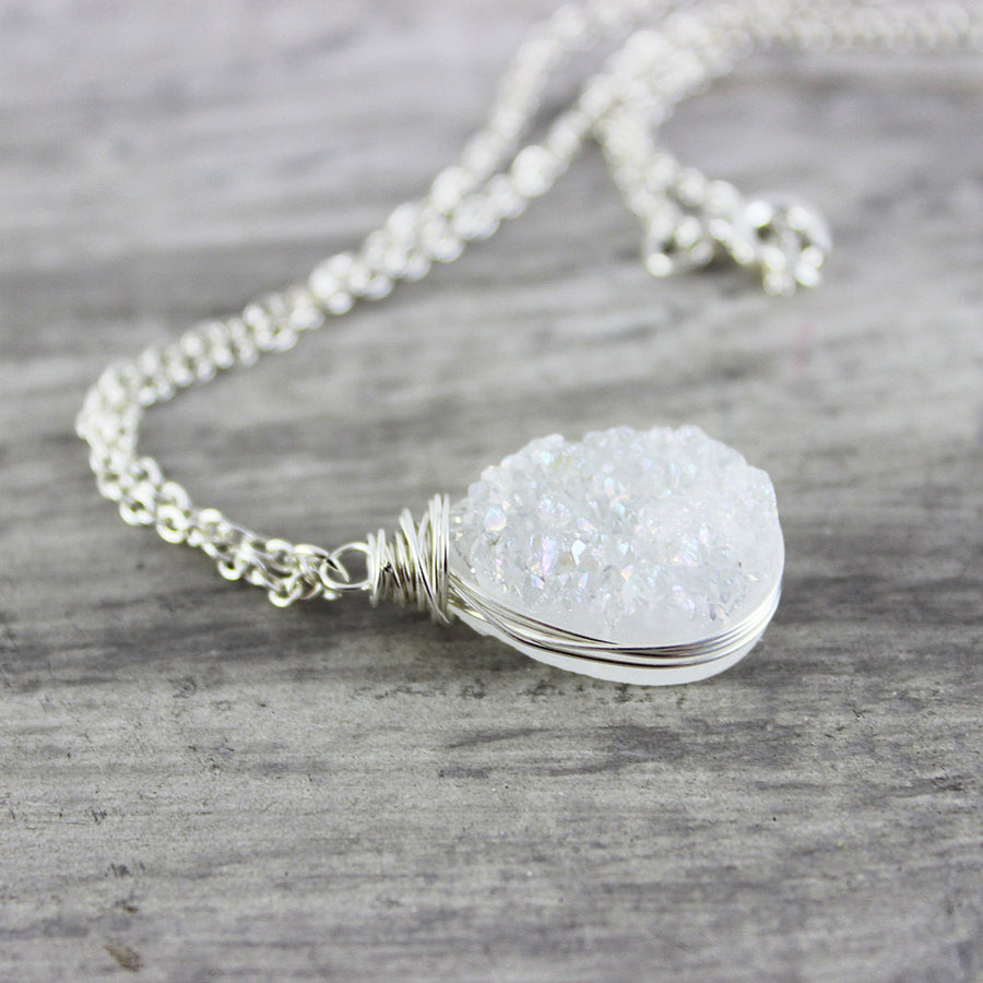 White Druzy Silver Teardrop Necklace