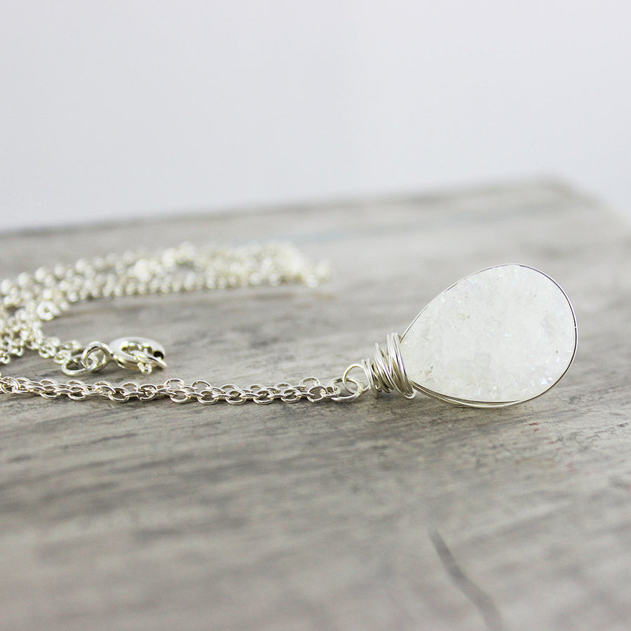 White Druzy Silver Teardrop Necklace