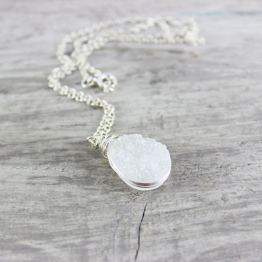 White Druzy Silver Teardrop Necklace