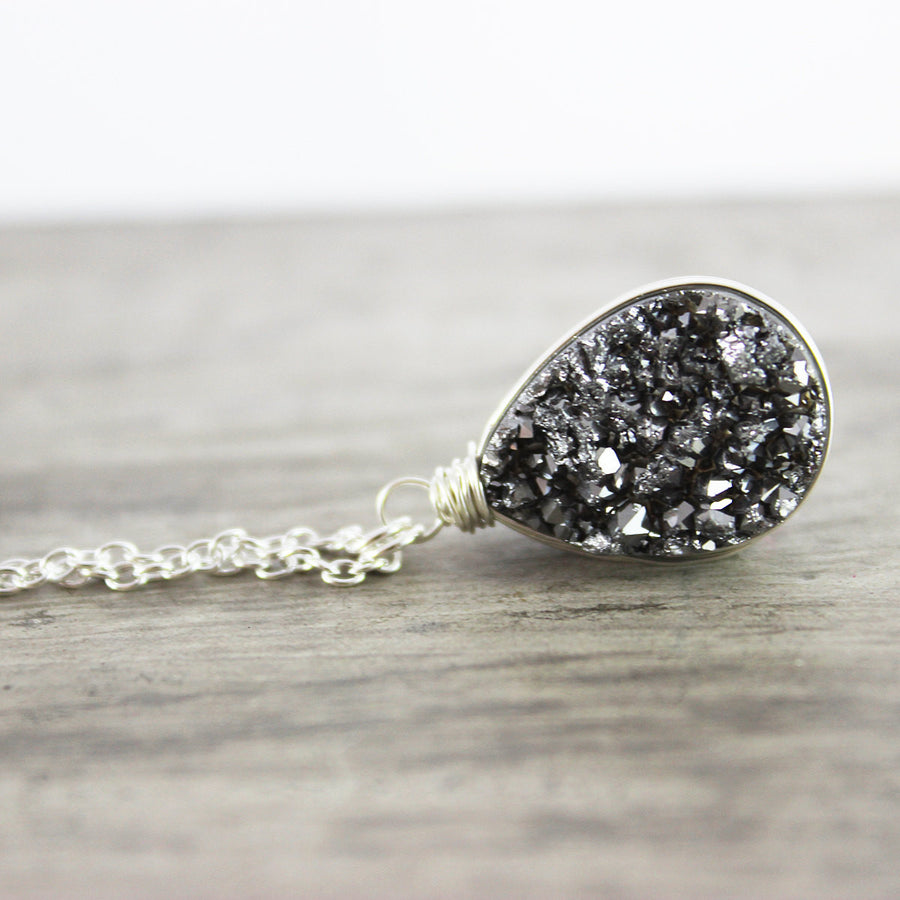 Silver Druzy Geode Teardrop Necklace