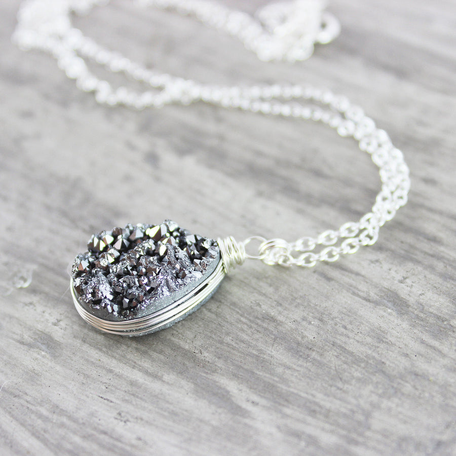 Silver Druzy Geode Teardrop Necklace