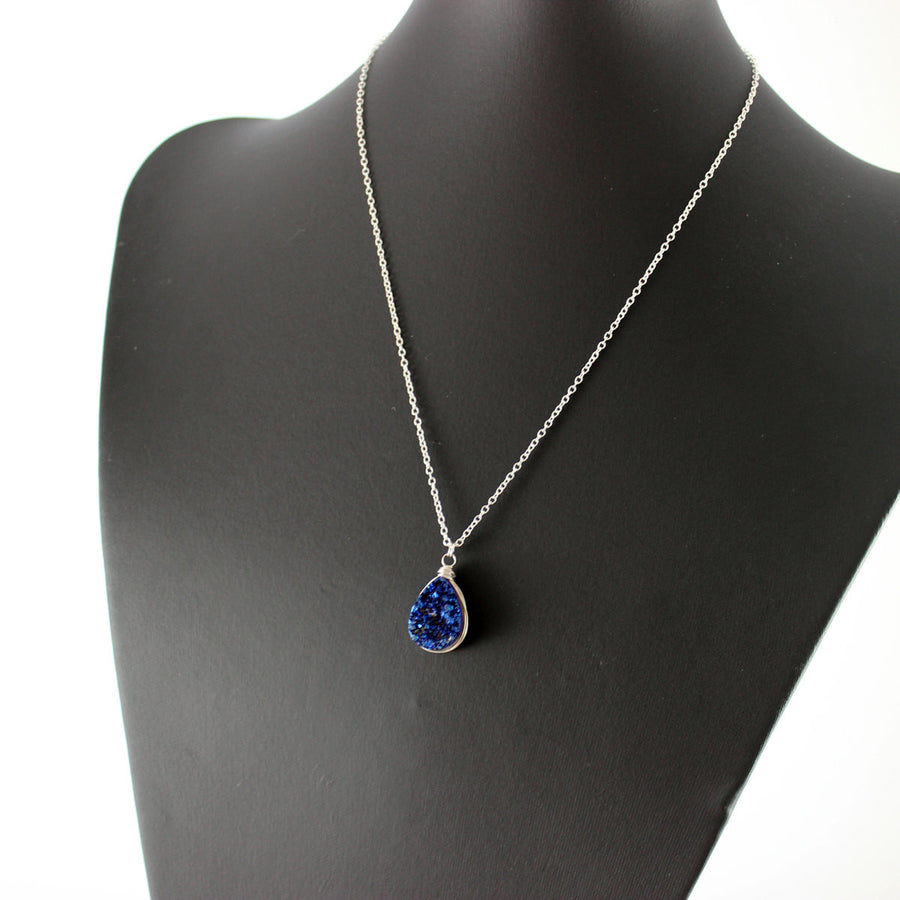 Dark Blue Druzy Teardrop Silver Necklace