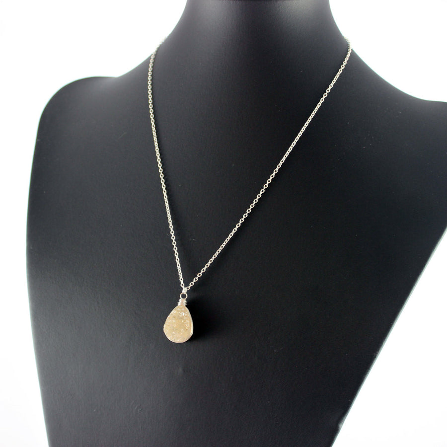 Peach Druzy Sterling Silver Teardrop Necklace