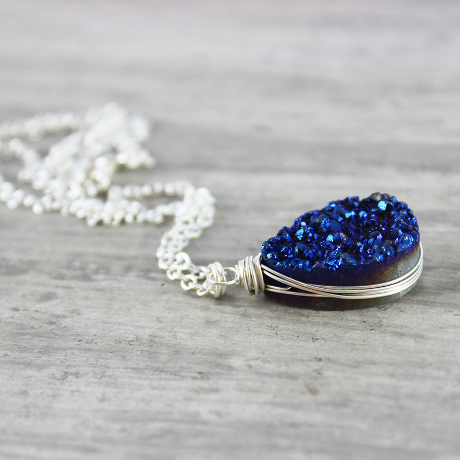 Dark Blue Druzy Teardrop Silver Necklace