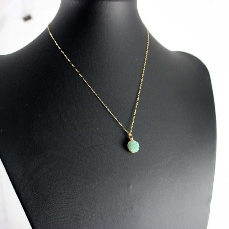 Turquoise Green Druzy Gold Circle Necklace