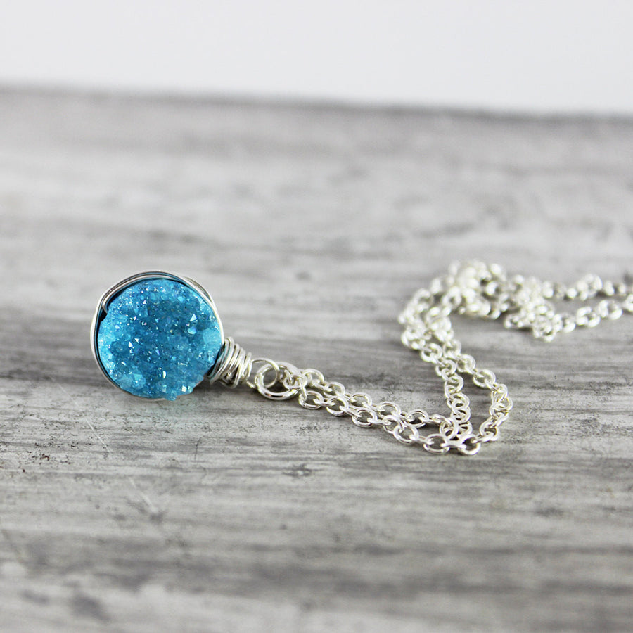 Sky Blue Druzy Silver Circle Necklace