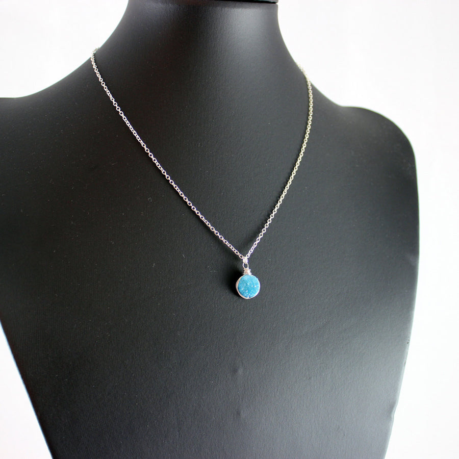 Sky Blue Druzy Silver Circle Necklace