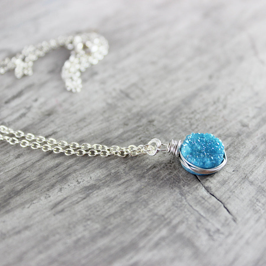 Sky Blue Druzy Silver Circle Necklace