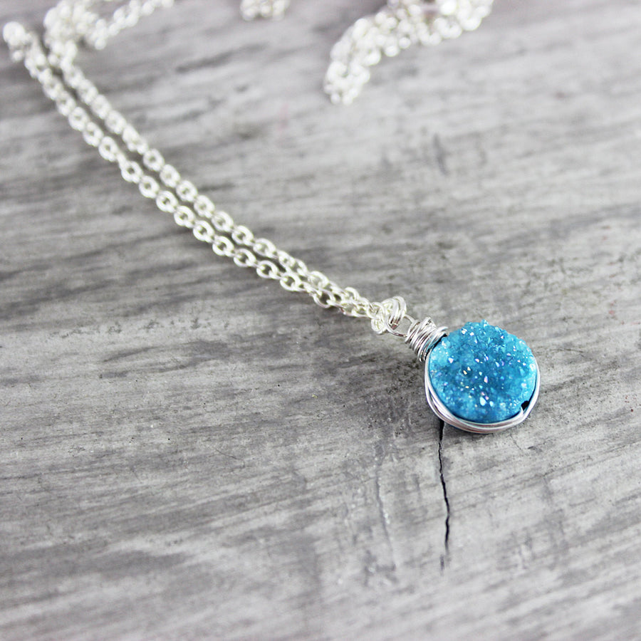 Sky Blue Druzy Silver Circle Necklace