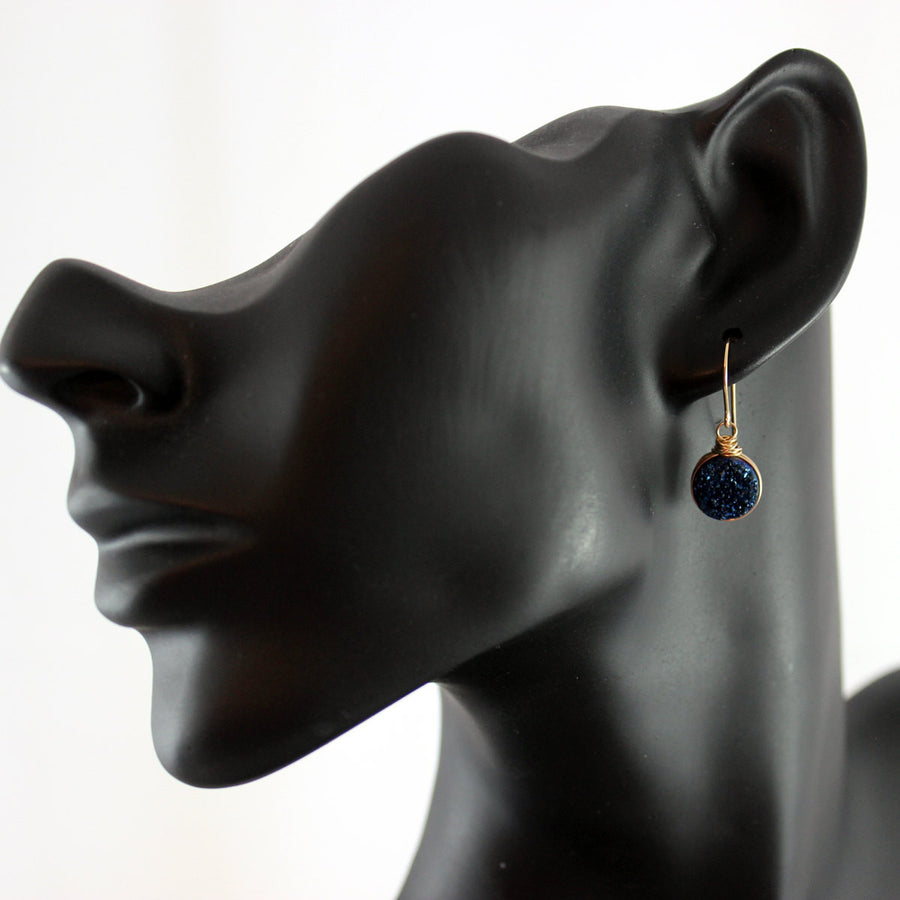 Dark Blue Druzy Gold Circle Earrings