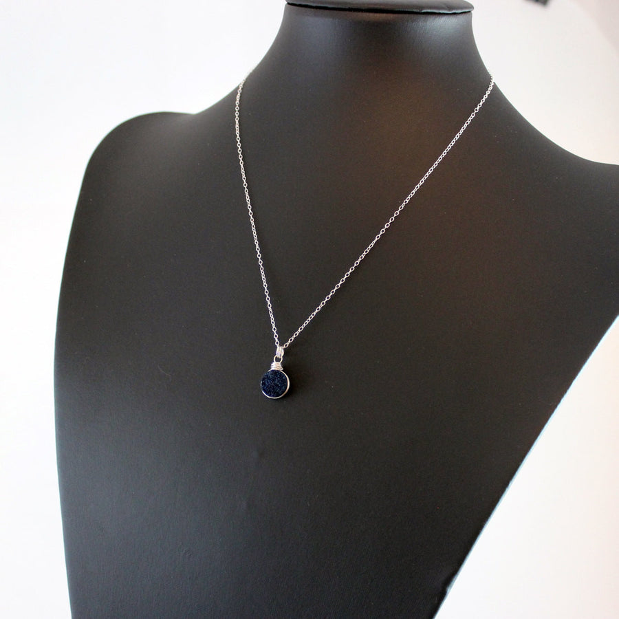 Dark Blue Druzy Silver Circle Necklace